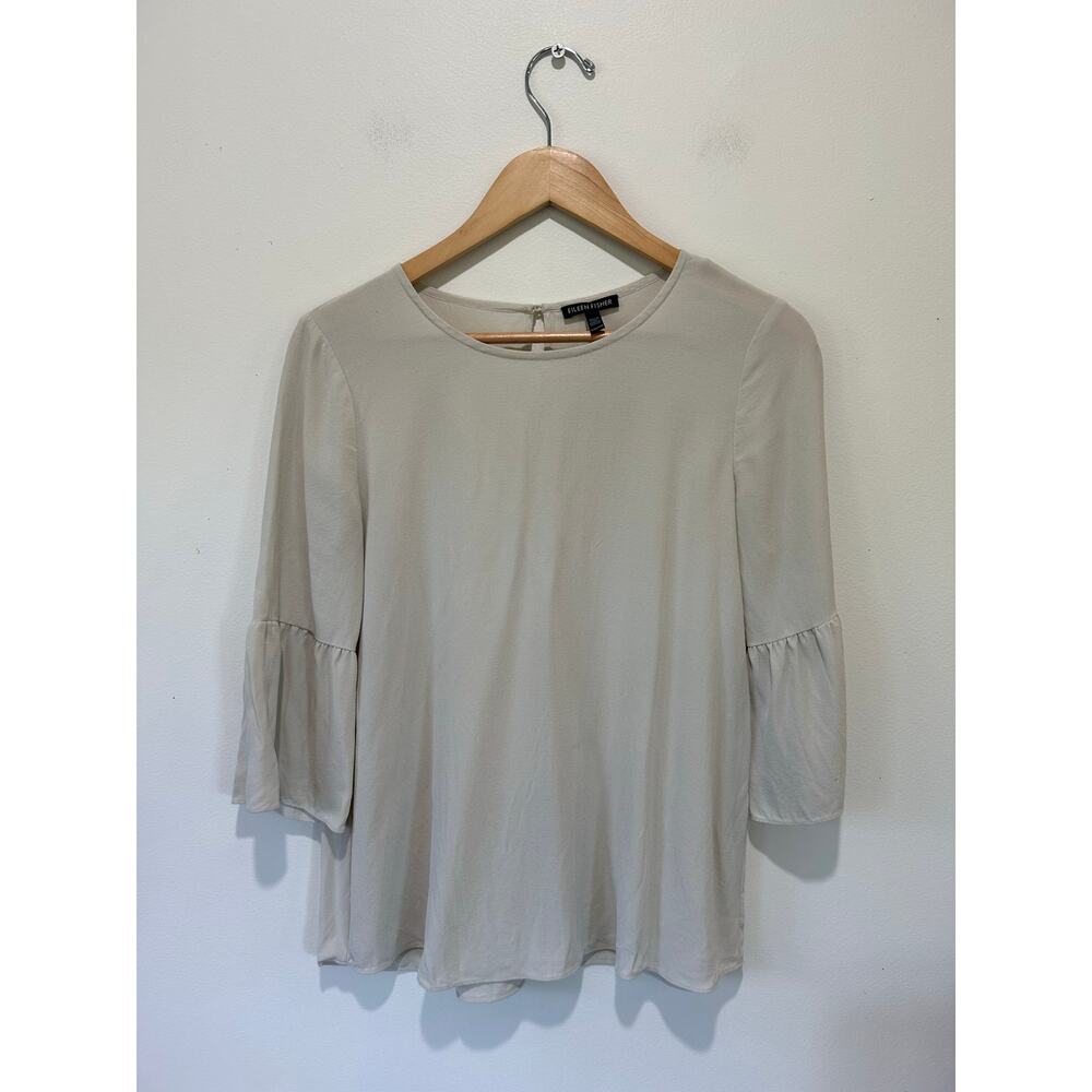 Eileen Fisher silk blouse womens size XXS cream round neck 3/4 bell sleeve